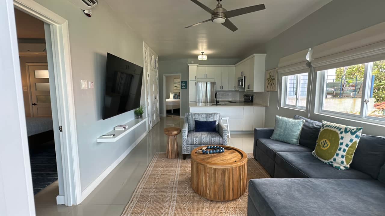 Cozy and relaxing livingroom opens up to kitchen, 75" TV