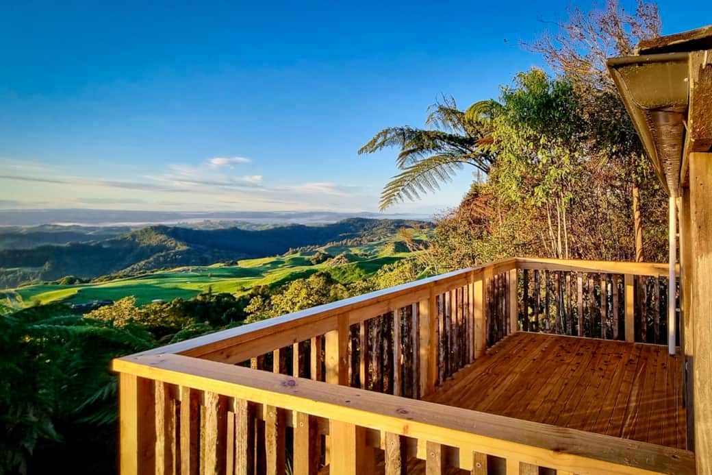 Te Tiro cottage deck view morning sun rise