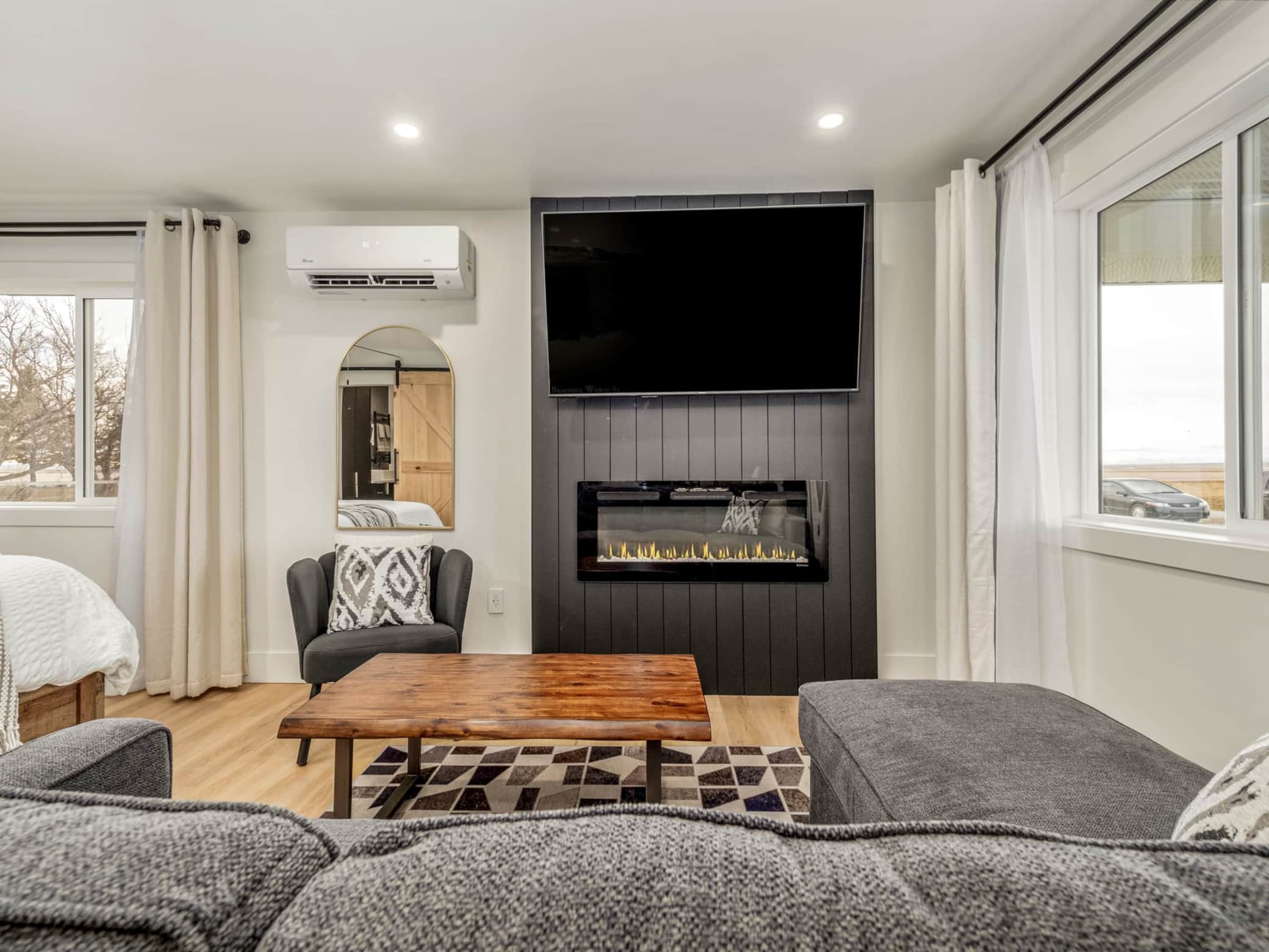 Big screen and fireplace