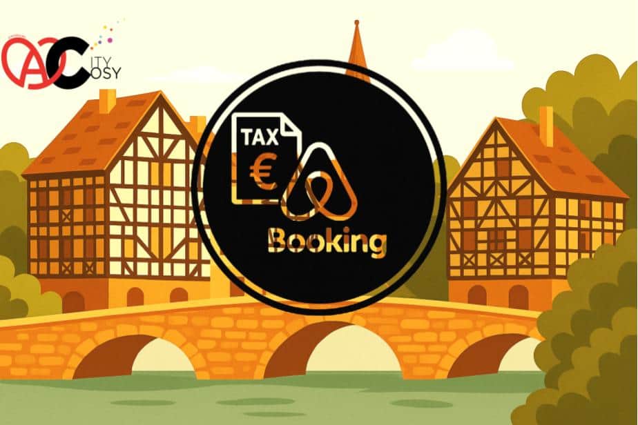 Illustration of CityCosy’s 2025 tax guide for Airbnb and Booking hosts in Strasbourg, showing how to declare rental income in France