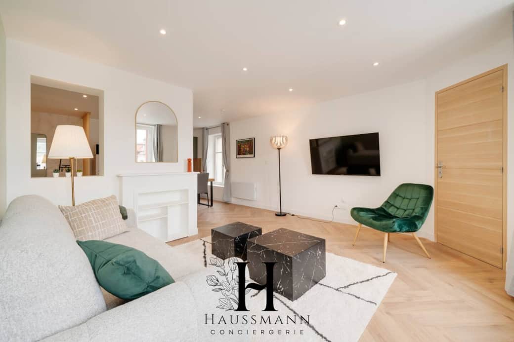 Salon lumineux et moderne avec canapé convertible, fauteuil, décoration soignée, TV 4K et connexion internet haut débit. Salon lumineux et moderne avec canapé convertible, fauteuil, décoration soignée, TV 4K et connexion internet haut débit.