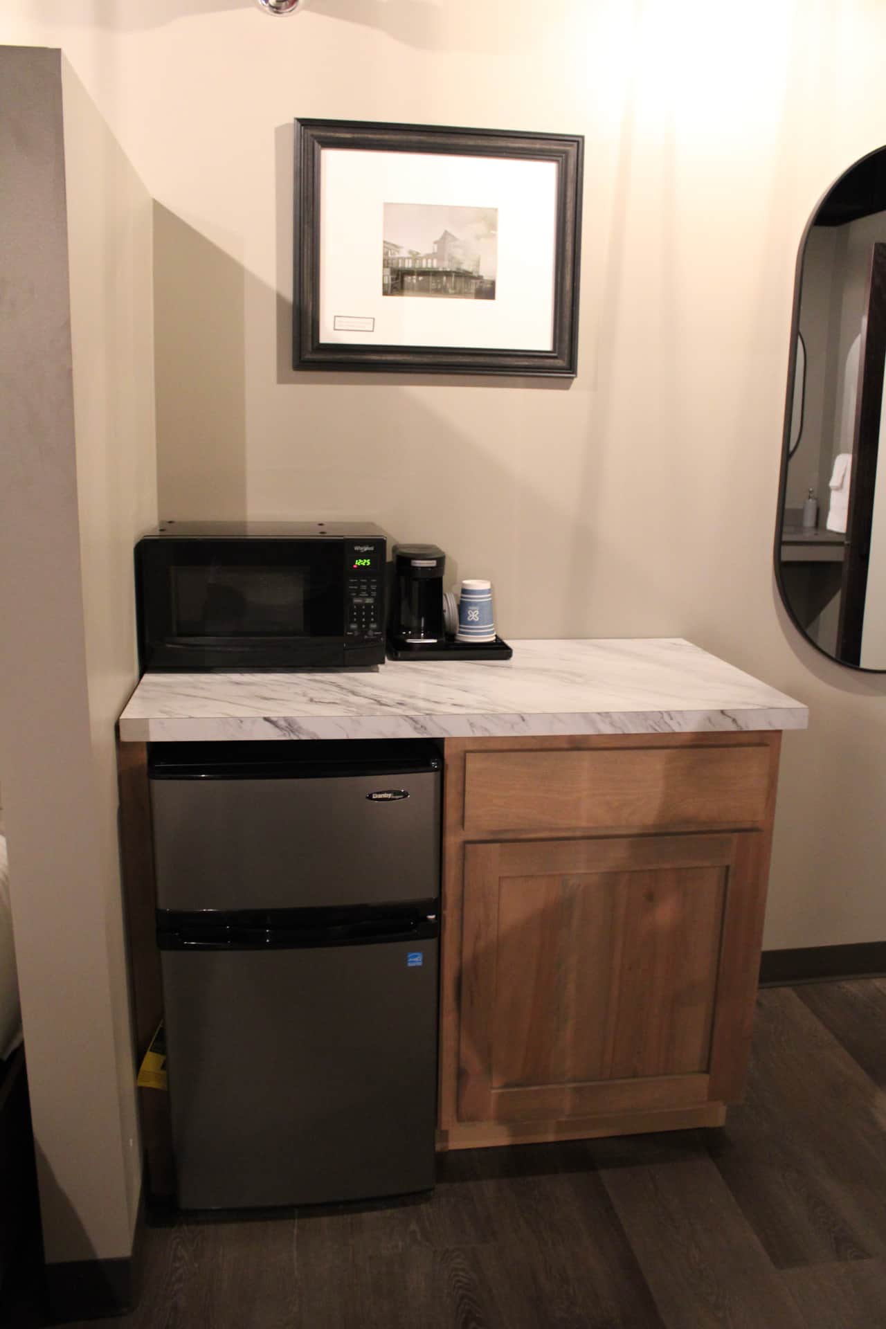 The Dalton; fridge, microwave, and coffee maker