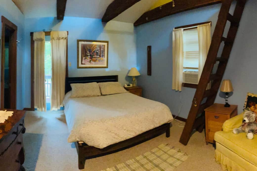 2nd Floor Queen bedroom, closet, and ladder goes to a special nook with twin mattress bed and seating for a fun kids nook or secret hide-out. Has Doors to Hallway and a Door to full bathroom with jet tub. 2nd Floor Queen bedroom, closet, and ladder goes to a special nook with twin mattress bed and seating for a fun kids nook or secret hide-out. Has Doors to Hallway and a Door to full bathroom with jet tub.