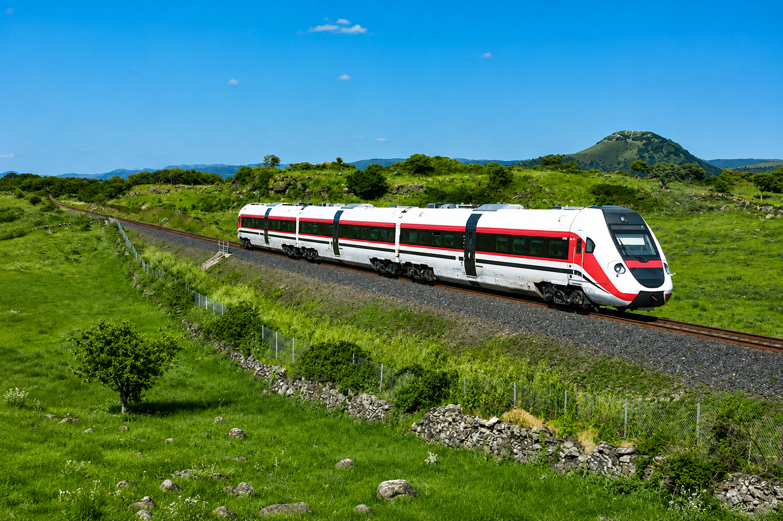 Regional passenger train traveling the Olbia-Cagliari rail corridor through the Sardinian interior landscape