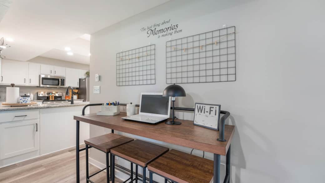 Need to attend to work? Feel free to set up your laptop in the workspace in the living room.