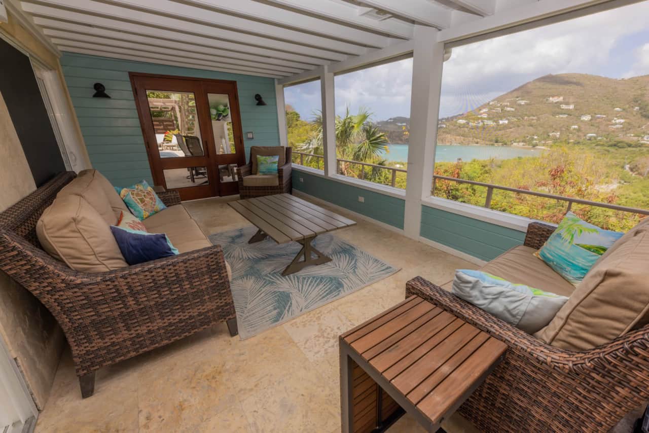 Screened in porch overlooking Fish Bay