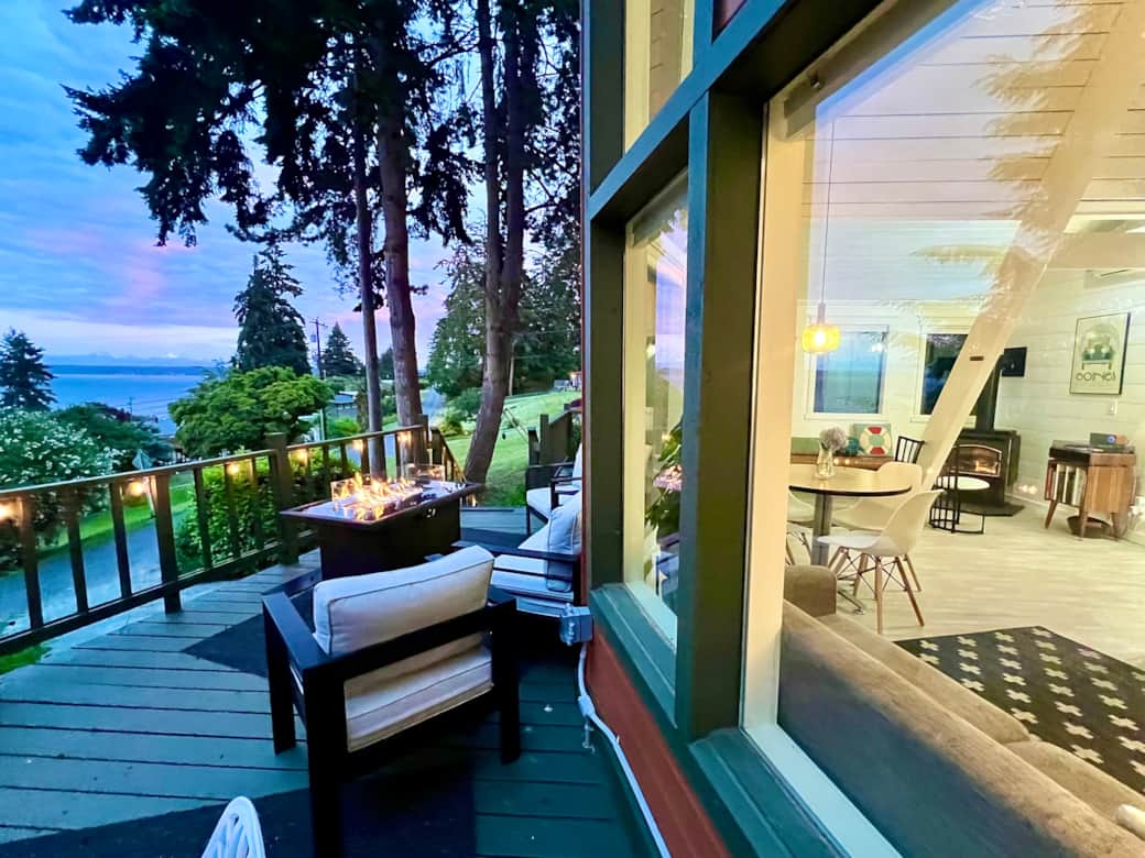 Outdoor Patio and Indoor Living Space at Night