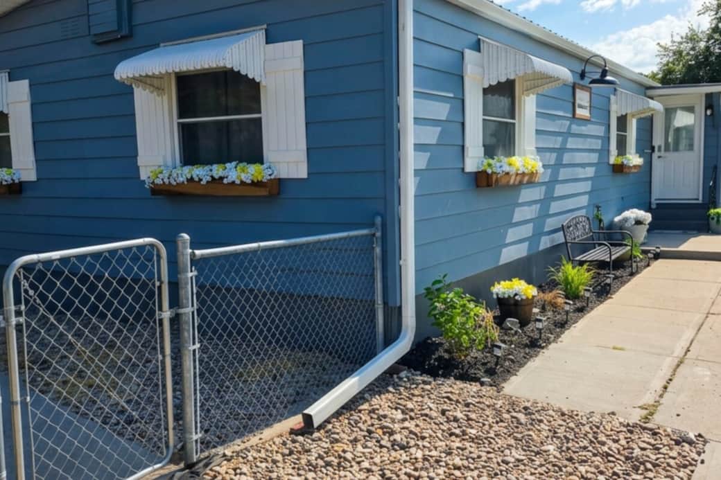Front bench, beautiful landscaping and side gate leading to backyard.