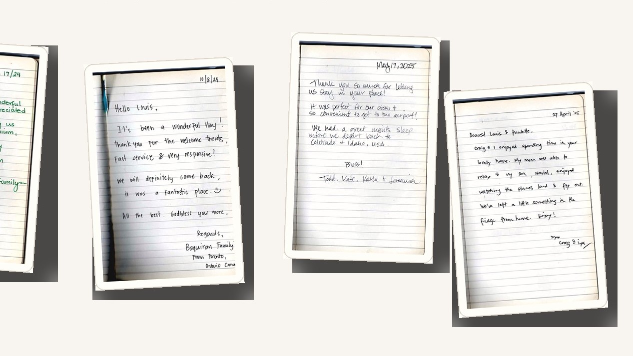 Collage of handwritten guest letters from Raya P09 near NAIA Airport Manila