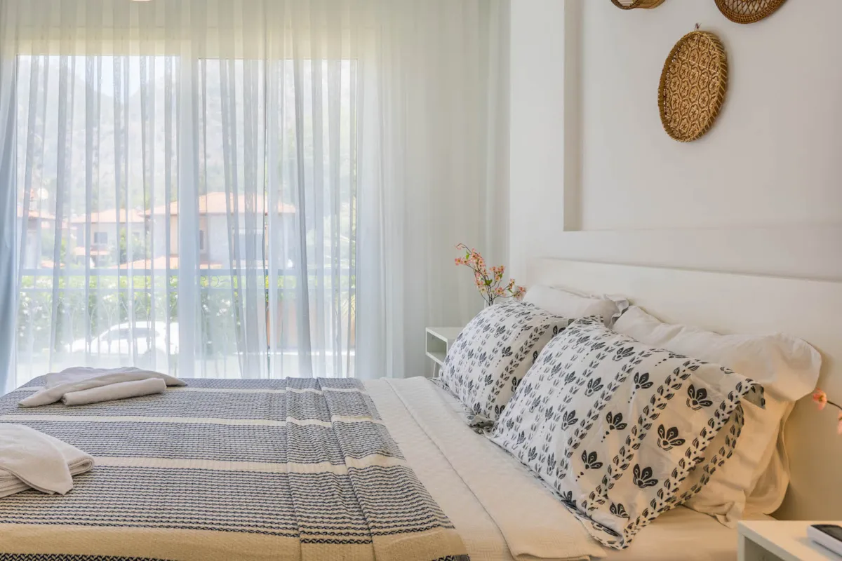 Bedroom with a double bed, decorative pillows, and sheer curtains, Villa Nergis 2, Gocek