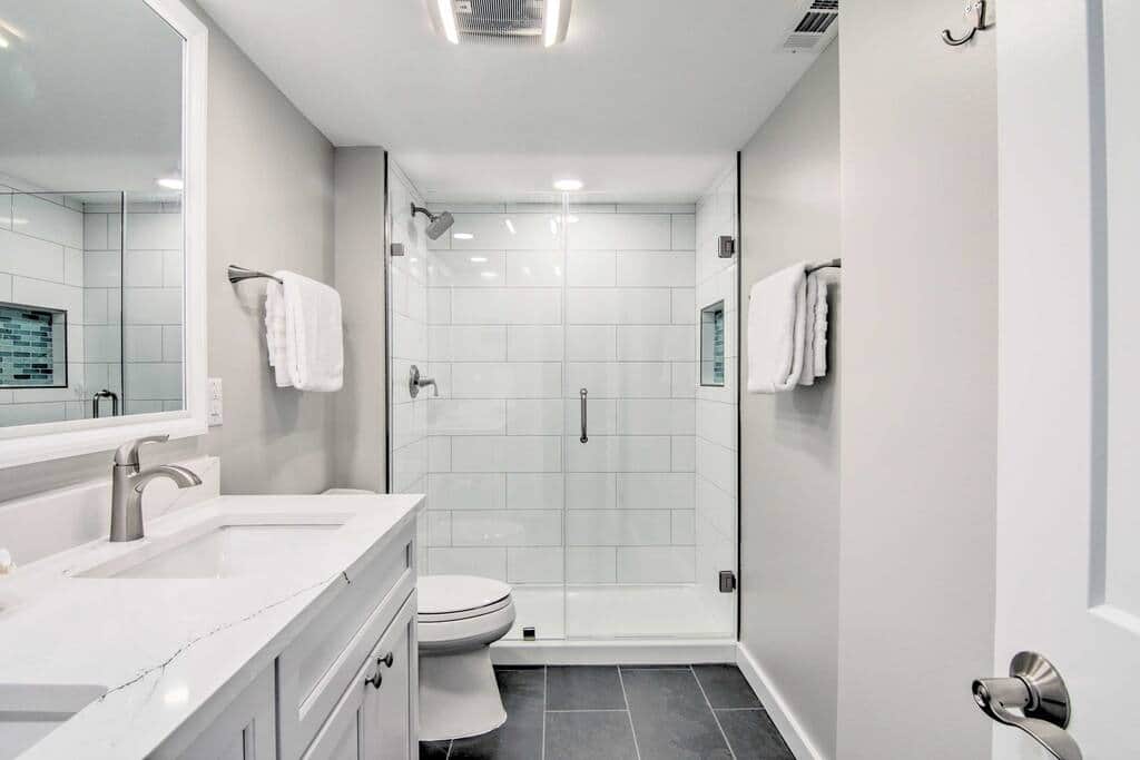 The primary bath was recently renovated and includes a double sink vanity and walk-in shower.