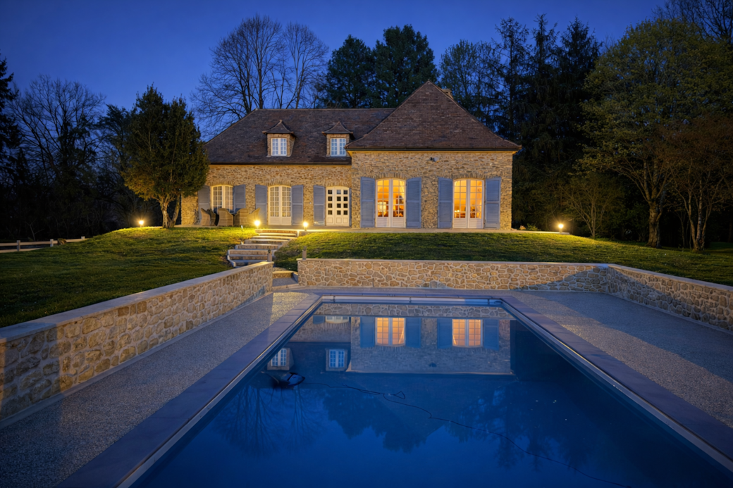Maison serenite dordogne pool at night monpazier southwest france