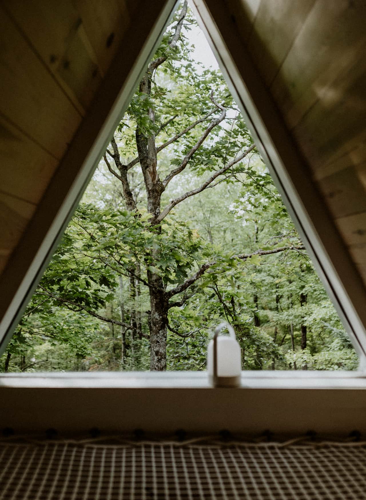 La fenêtre triangulaire emblématique : vue imprenable sur la forêt. Crédit photo : @roblloyd_