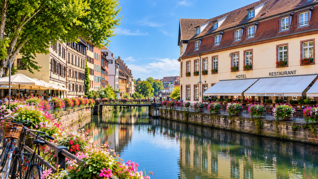 Canal bordé de maisons alsaciennes à colombages et de fleurs dans le quartier de la Petite France à Strasbourg, en Alsace.