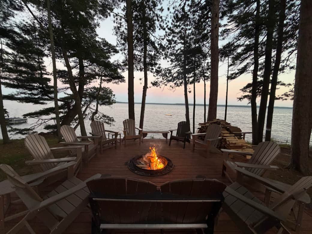 Firepit overlooking lake. 