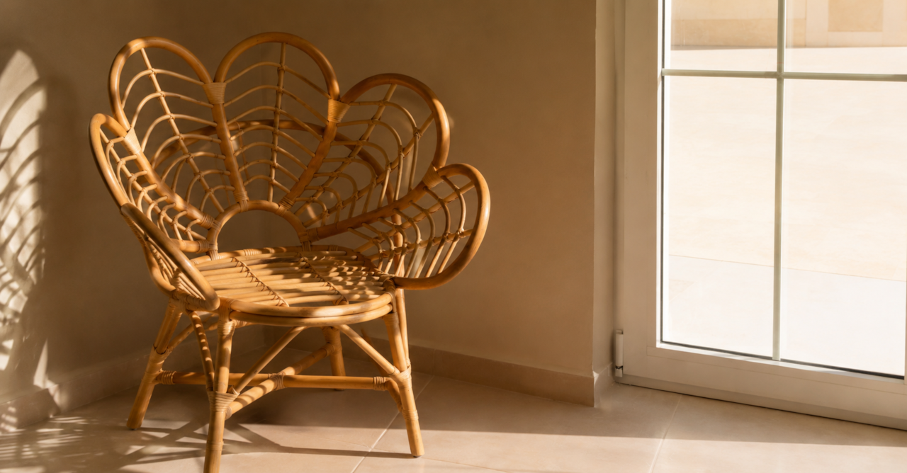 A sunlit rattan chair at Villa Pastida II, a family villa in Pastida, Rhodes.