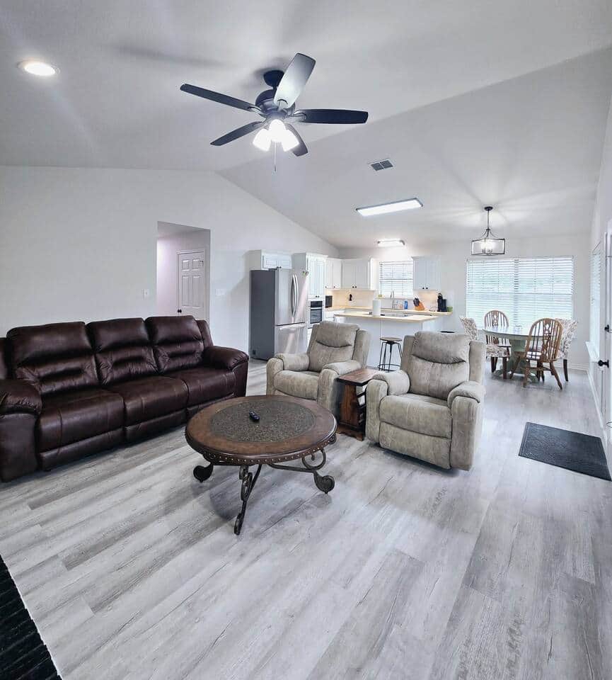 Open living, kitchen, dining areas Open living, kitchen, dining areas