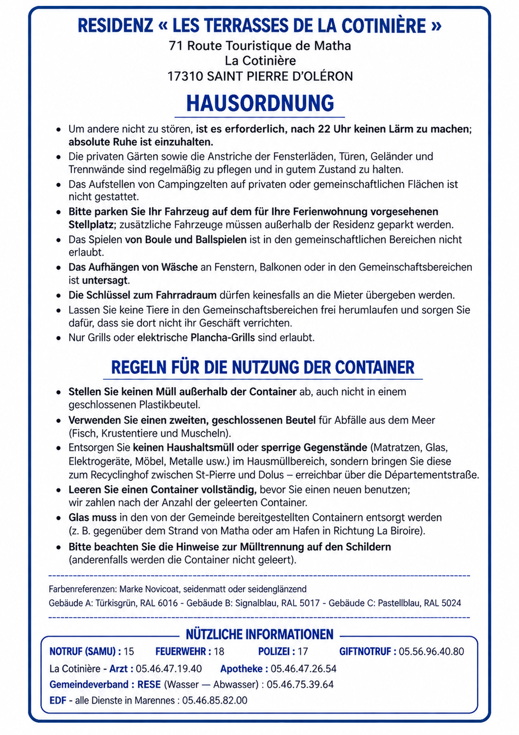 Hausordnung – Les Terrasses de la Cotinière