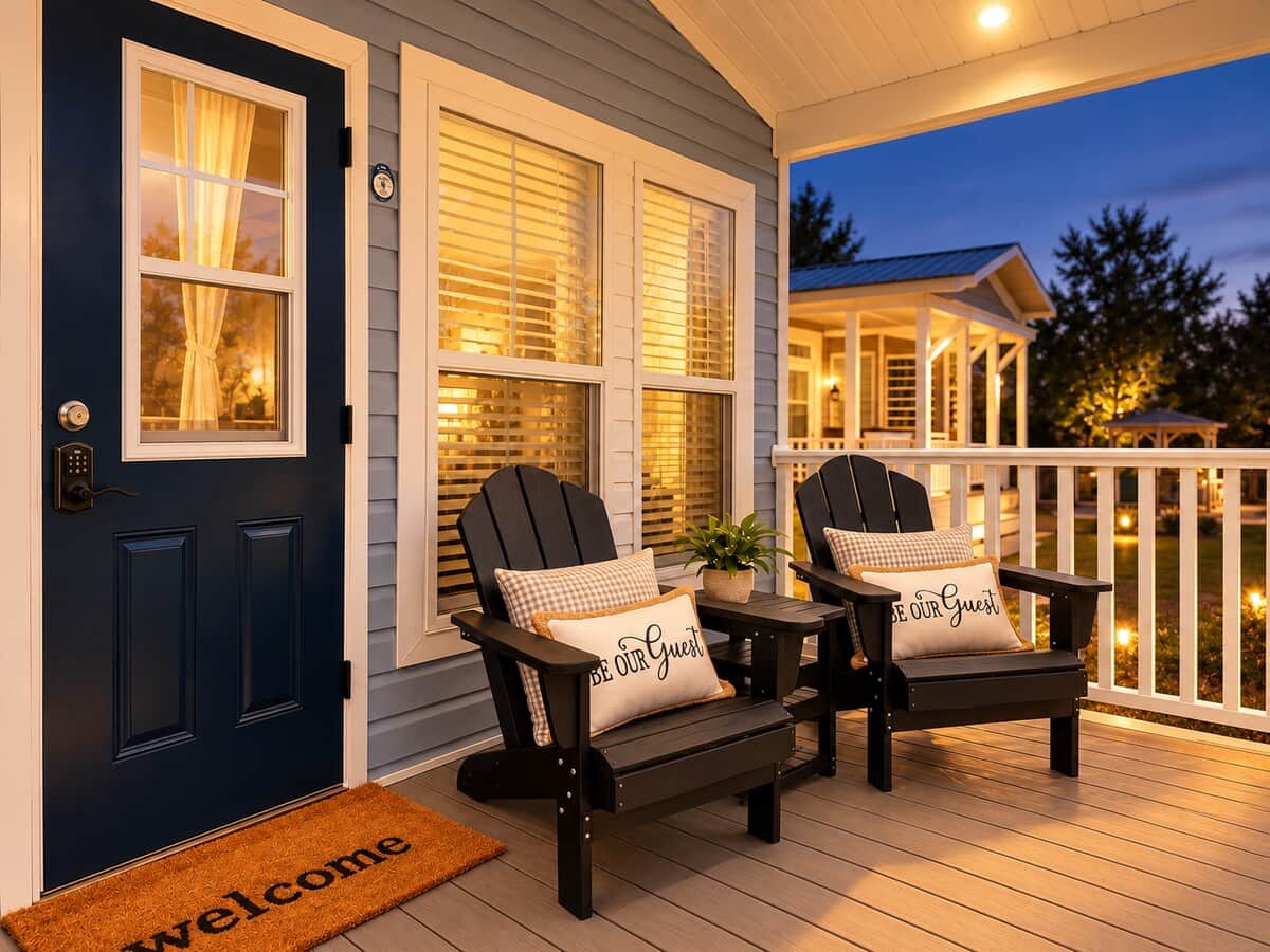 Relax on the covered front porch at The Blue Door, a Jacksonville tiny home getaway.