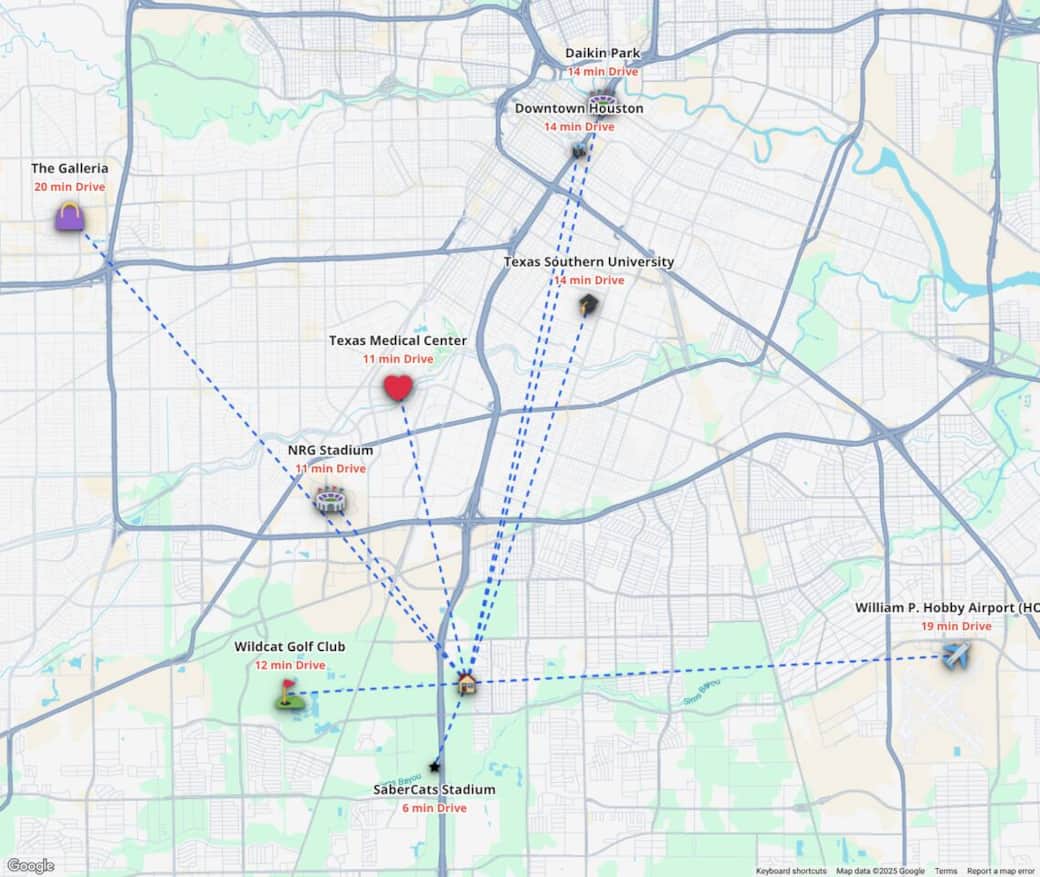 A map illustrating a quick commute to local airports, MEDICAL CENTER (hospitals), malls, concerts, NRG, colleges, sporting events, and DOWNTOWN destinations.
