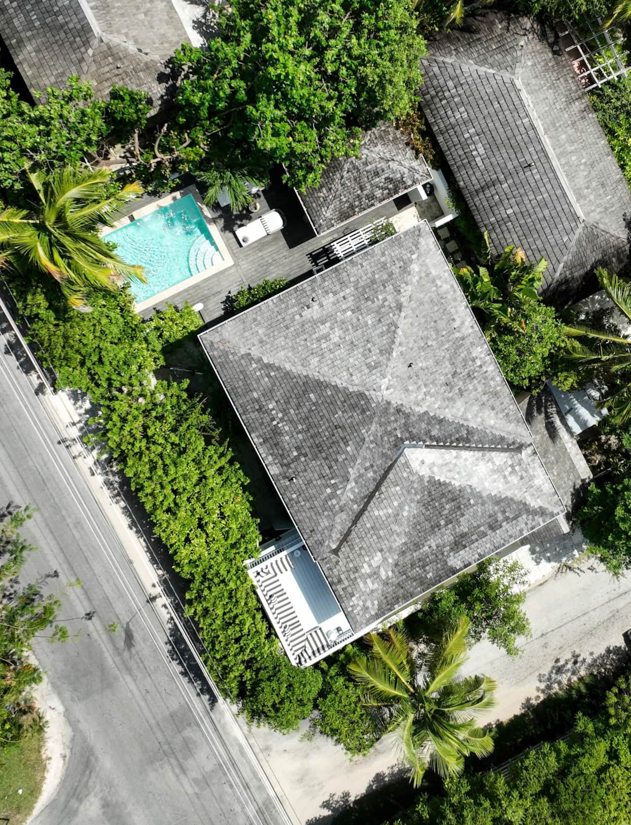 Aerial drone shot of The Hideaway luxury villa within Sunset Harbour Estate, Harbour Island