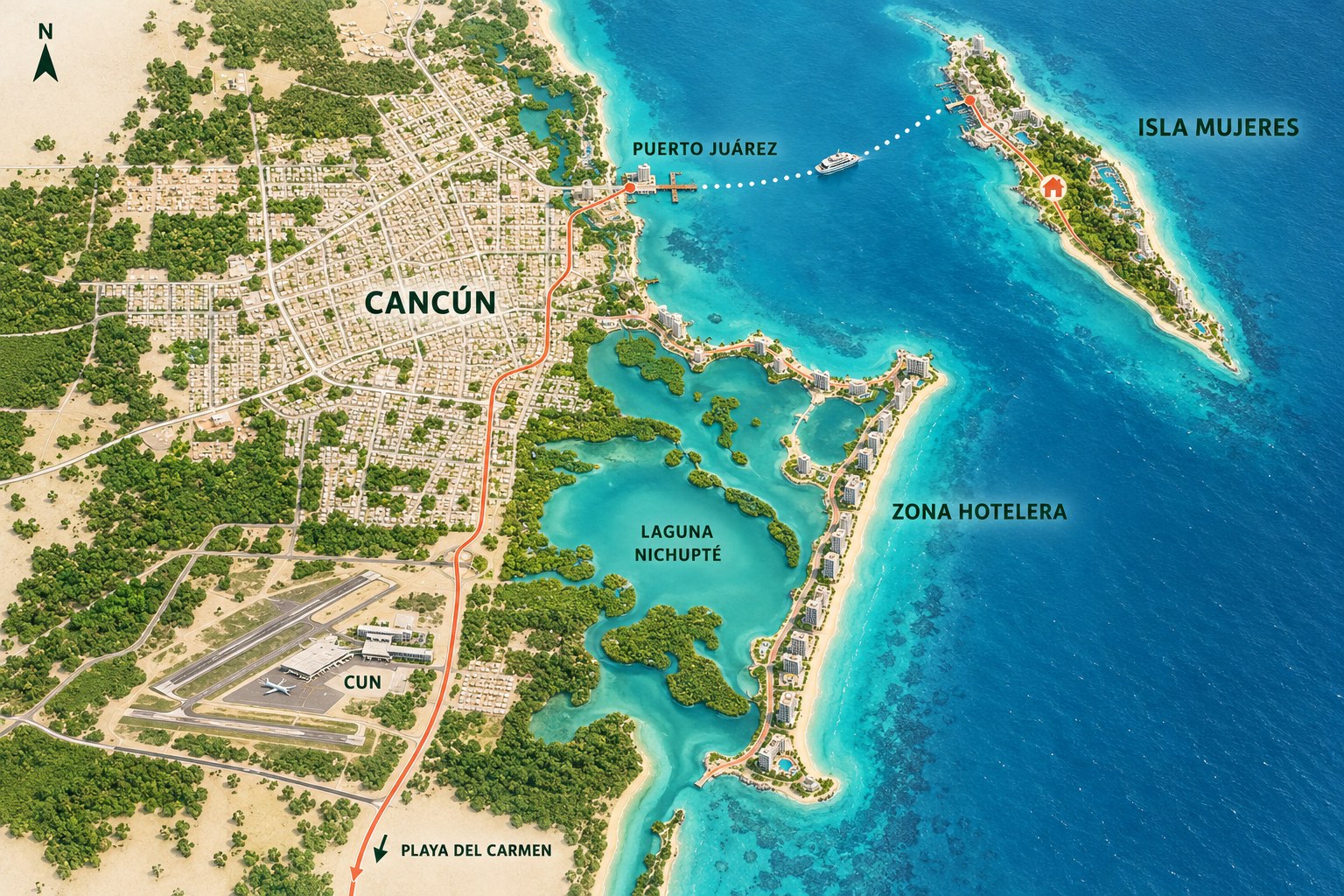 North-up illustrated map of Cancún, its airport and Hotel Zone around Nichupté Lagoon, with Isla Mujeres offshore to the northeast. A terracotta road route leads to Puerto Juárez, a white dotted ferry route crosses to downtown Isla Mujeres, and a local road continues to Casa Milo and Sirenas.