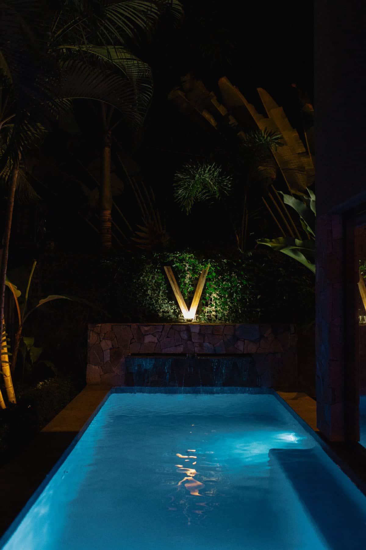 The heated pool at night