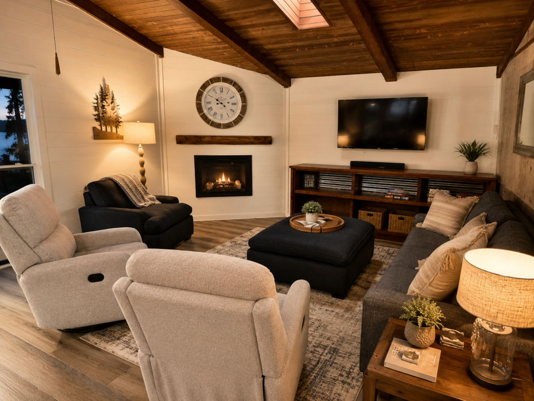 Warm lakefront living room with vaulted wood ceilings, fireplace, and stunning water views