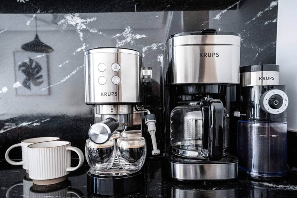Cappuccino machine, drip coffee maker, burr coffee grinder, espresso cups and coffee mugs Cappuccino machine, drip coffee maker, burr coffee grinder, espresso cups and coffee mugs