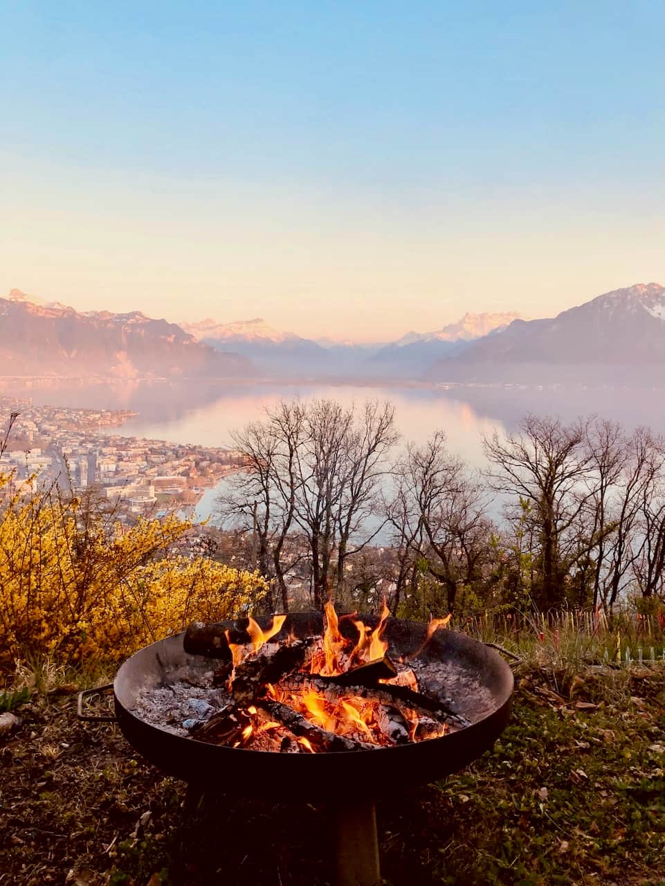 Fire on the lake in winter