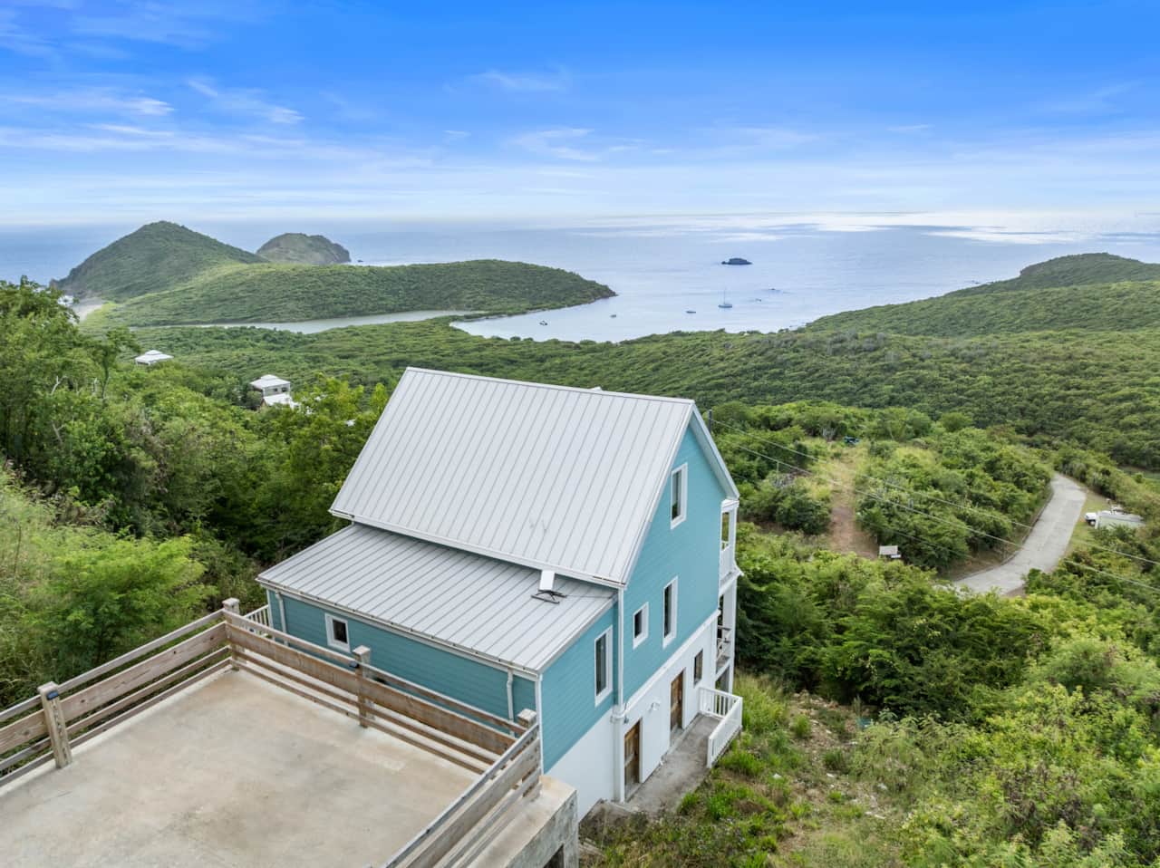 Aerial view: Salt Pond Bay and Ram Head Trail in the distance