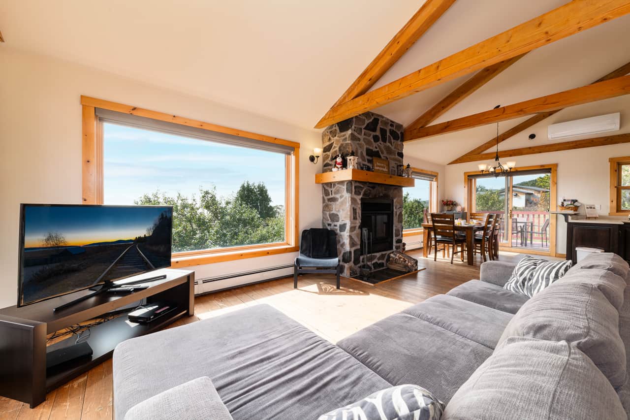 Overview, TV and fireplace