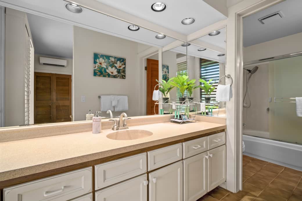 Spacious bathroom with a large vanity and walk-in shower for easy comfort