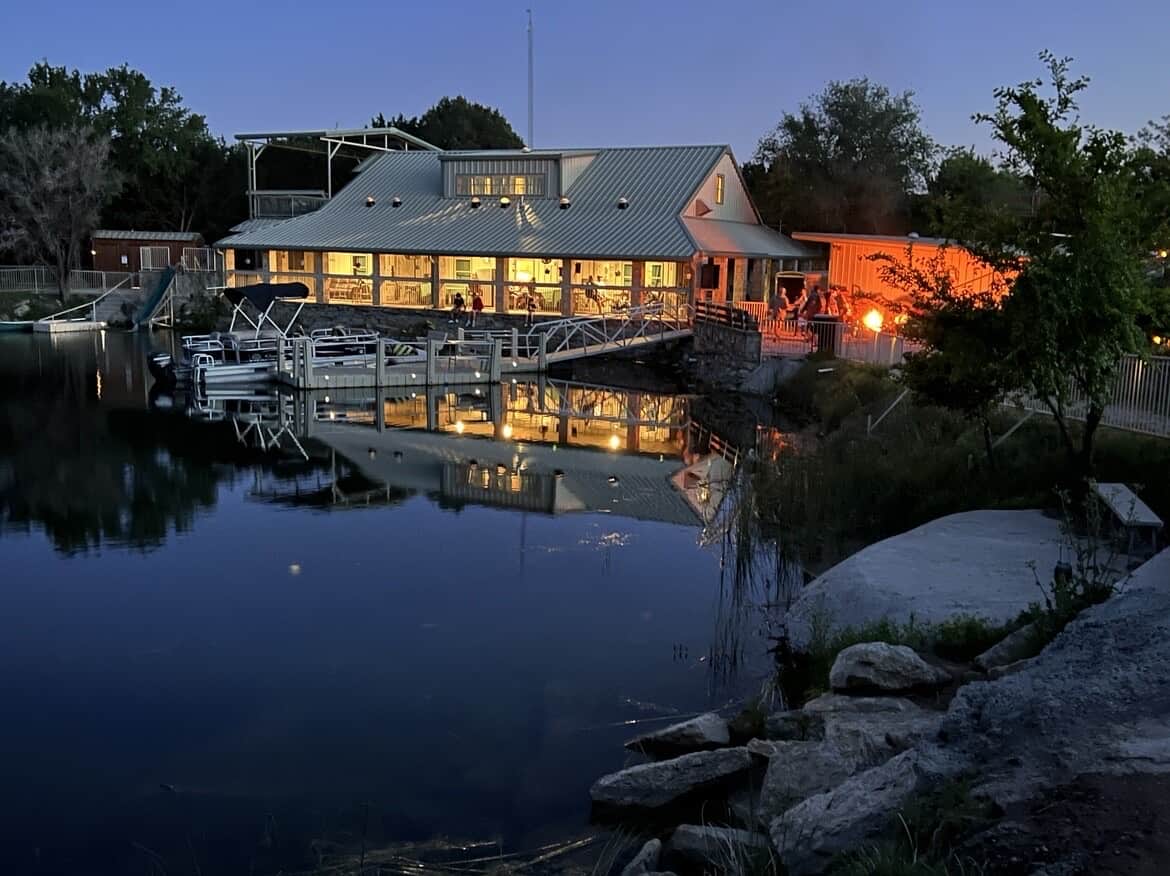 Lake Godstone Lodge with fire pit and dock at sunset Graford, Texas