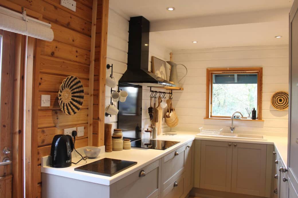 Induction hob with filter hood, lots of food prep tools