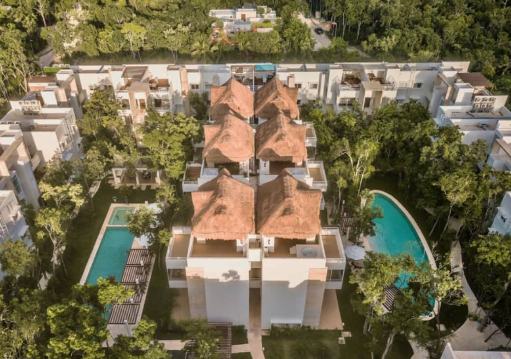 bird's eye view of our complex, featuring two sparkling pools for your relaxation and enjoyment.