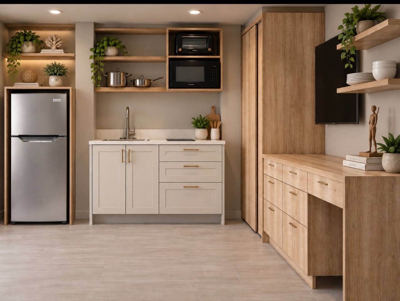 Everything you need for meal prep.  Refrigerator, stove, sink, microwave, toaster oven. Dinnerware and cookware. 