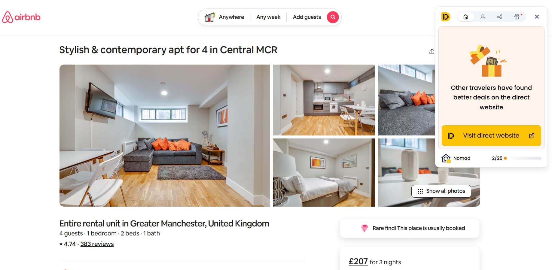Directo direct booking link overlay on Airbnb listing