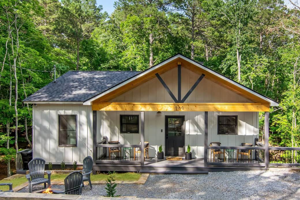 Front of Cabin with Covered Porch and Ample Seating