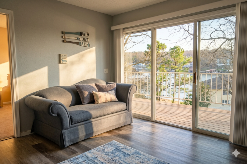 Bright living room loveseat with twin pullout—extra sleeping space plus peaceful deck views Bright living room loveseat with twin pullout—extra sleeping space plus peaceful deck views