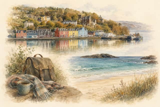 Watercolour illustration of Tobermory harbour, a Mull beach, and a day bag with coffee and a wool scarf