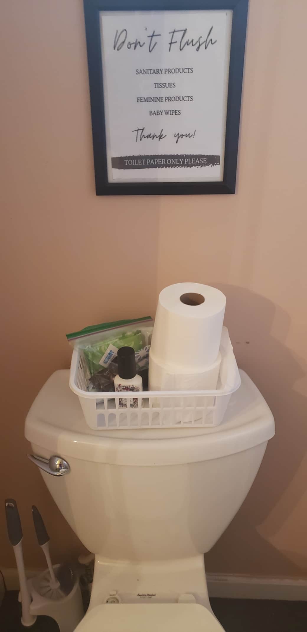 Restroom items left (TP, Feminine products, and Poopouri)