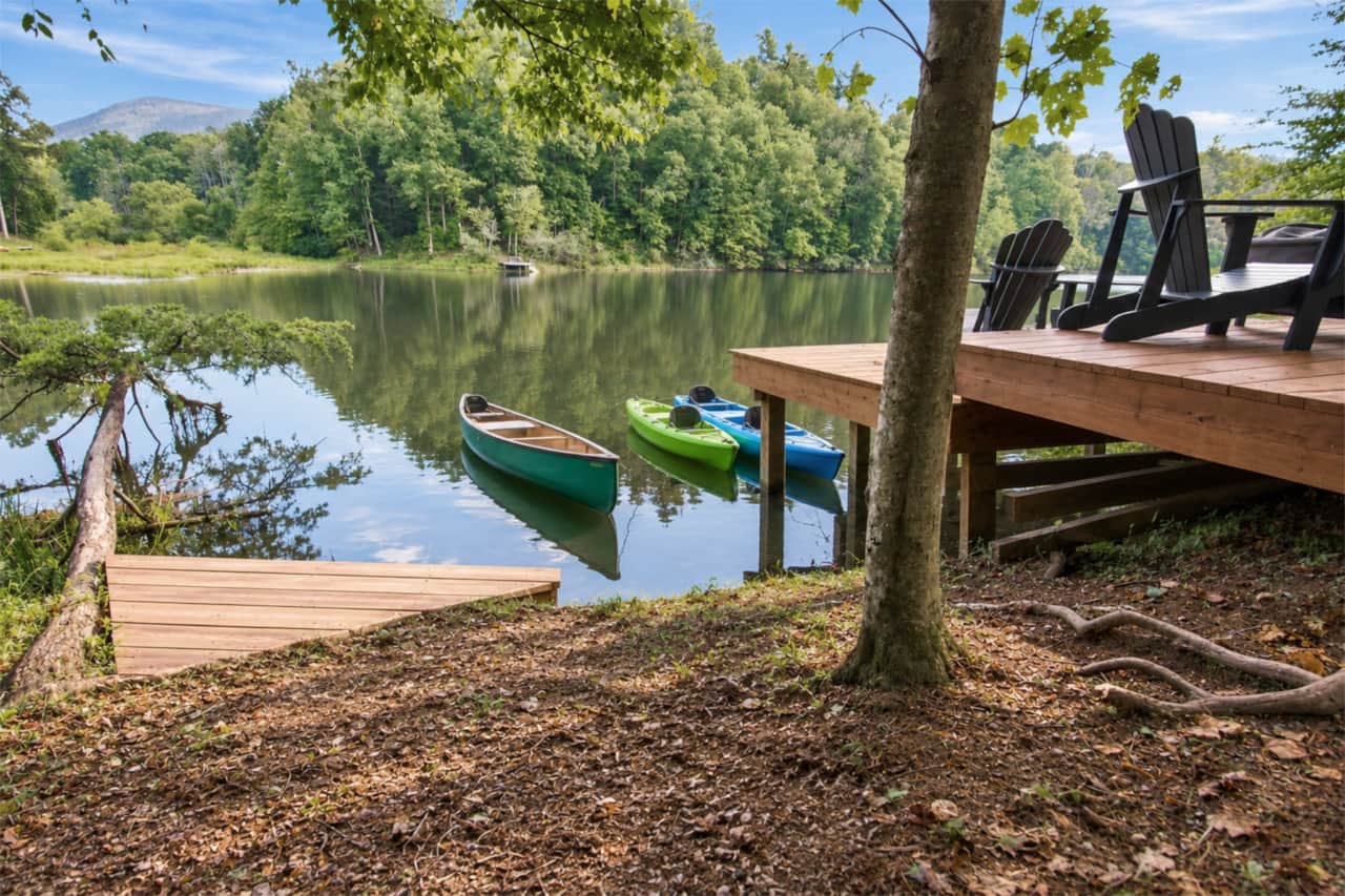 Private lake access with kayaks and canoes