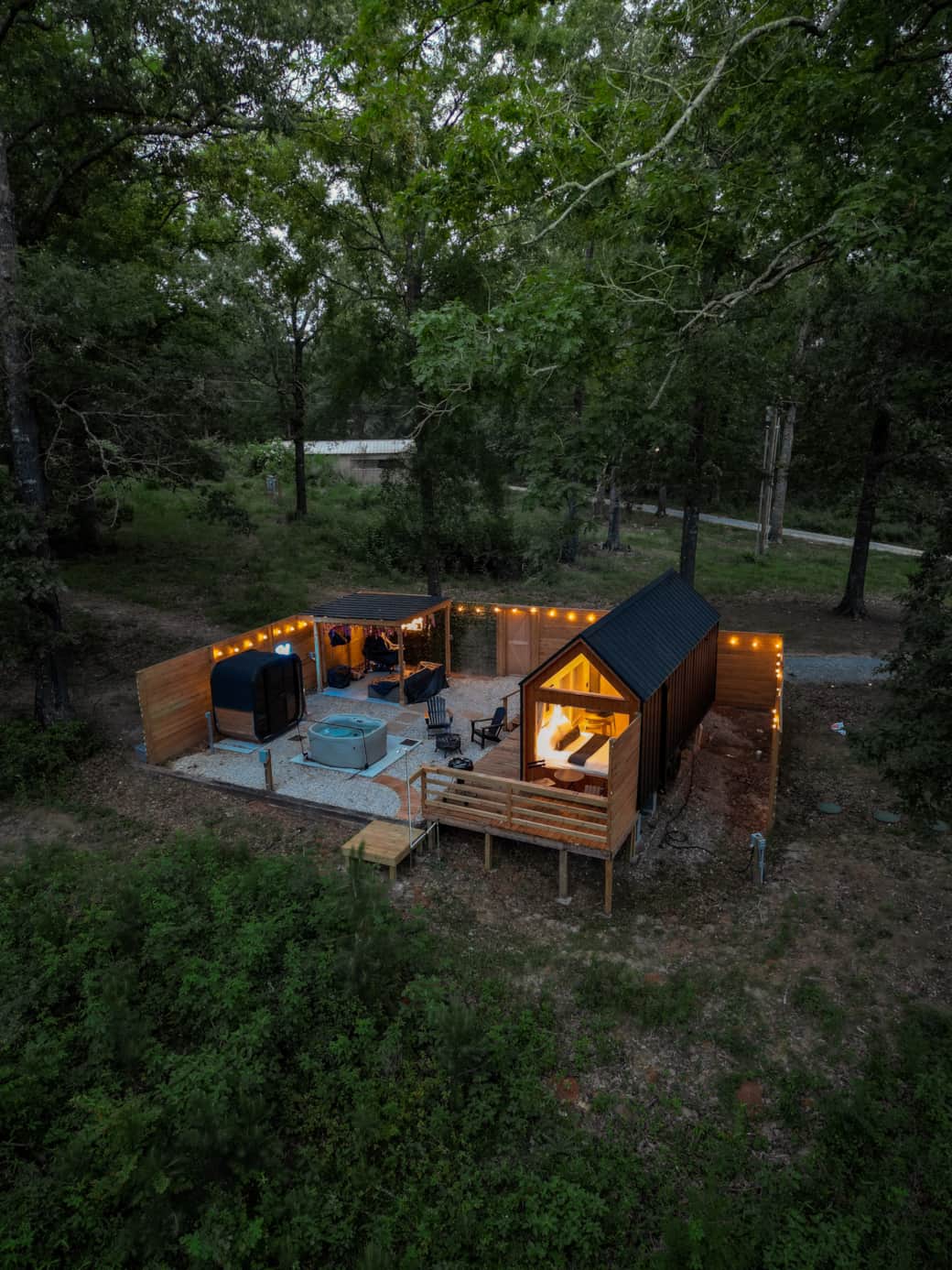 Drone view of your private romantic cabin getaway