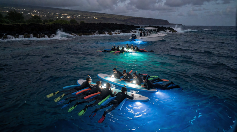 Manta ray gliding at night