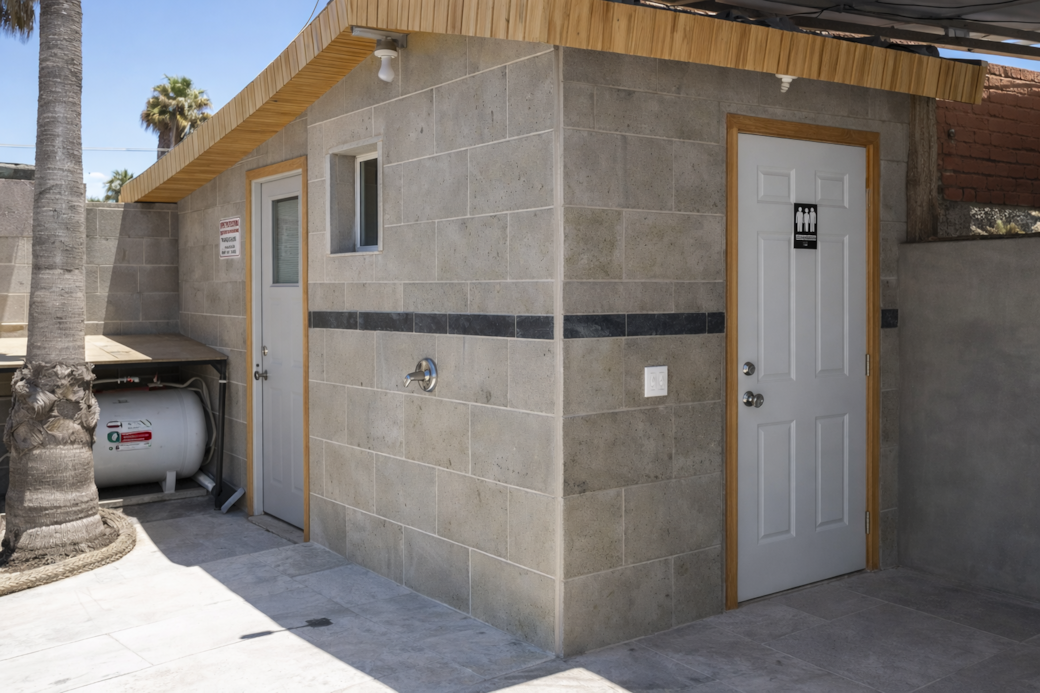 Modern outdoor restroom and shower setup