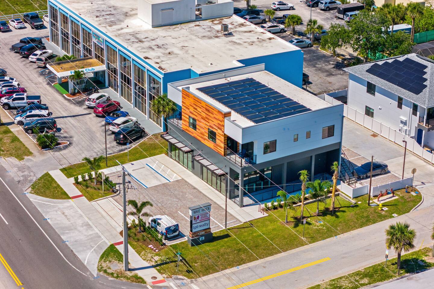 Aerial view showcasing the modern architecture of the building.