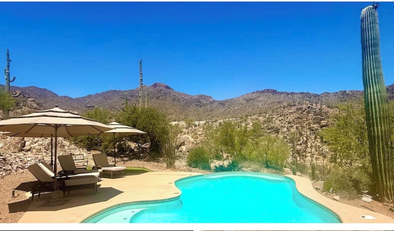 Optional heated pool with loungers ,umbrellas and desert mountain views 