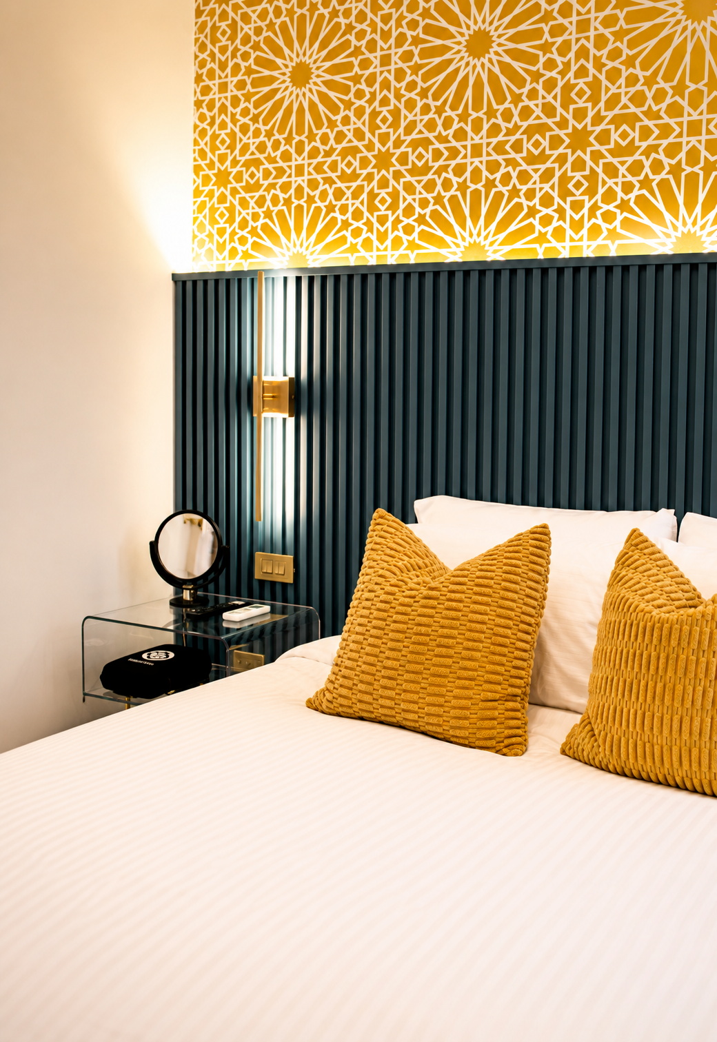 Modern bedroom with bold accents, plush bedding, and stylish ambient lighting.
