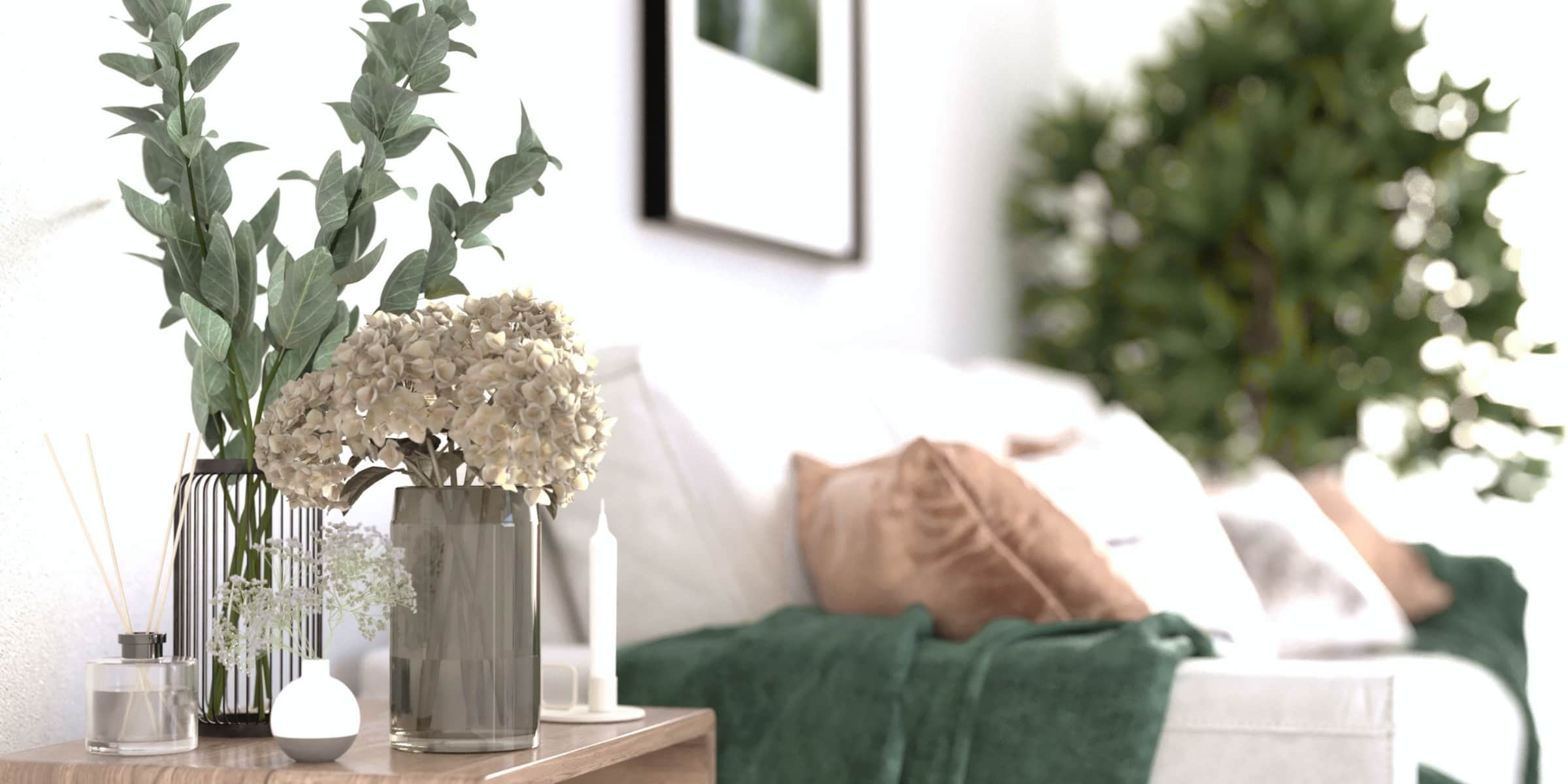 A softly styled Isle Stays living room, eucalyptus and hydrangeas on the side table